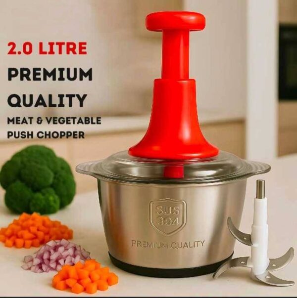 2.0 litre 4 blades premium quality meat and vegetable push chopper with stainless steel bowl