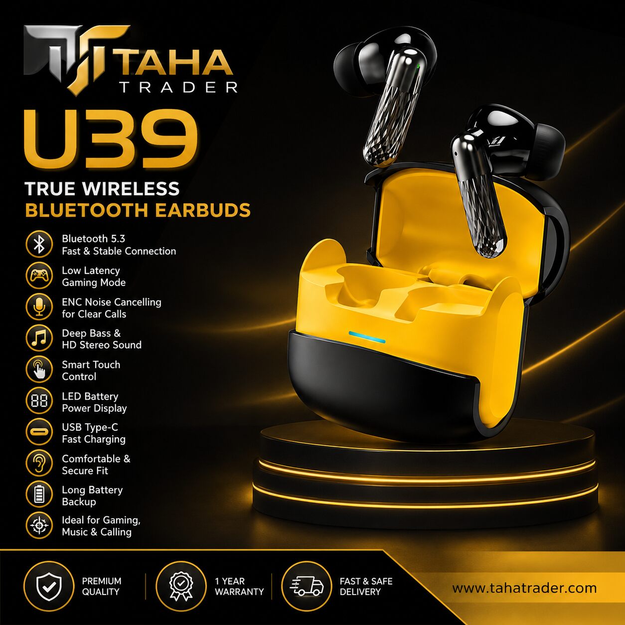 U39 Bluetooth 5.3 Wireless Earbuds Front View U39 Charging Case U39 Gaming Earbuds U39 LED Battery Display
